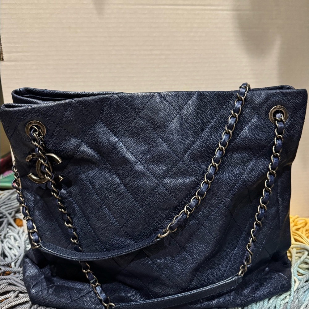 CHANEL Matelasse Caviar Skin Tote Bags Chain Tote Bag Navy Blue Gunmetal